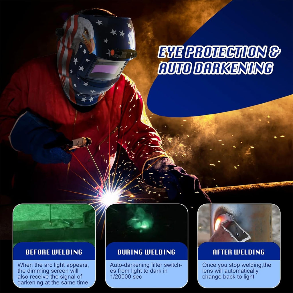WR01B Welding Helmet Auto Darkening with LED Light Solar Powered Welder Hood with Adjustable Shade Range 4/9 - 13 for Mig Tig Arc Welding Mask (Blue Eagle II) - Revved Up Auto