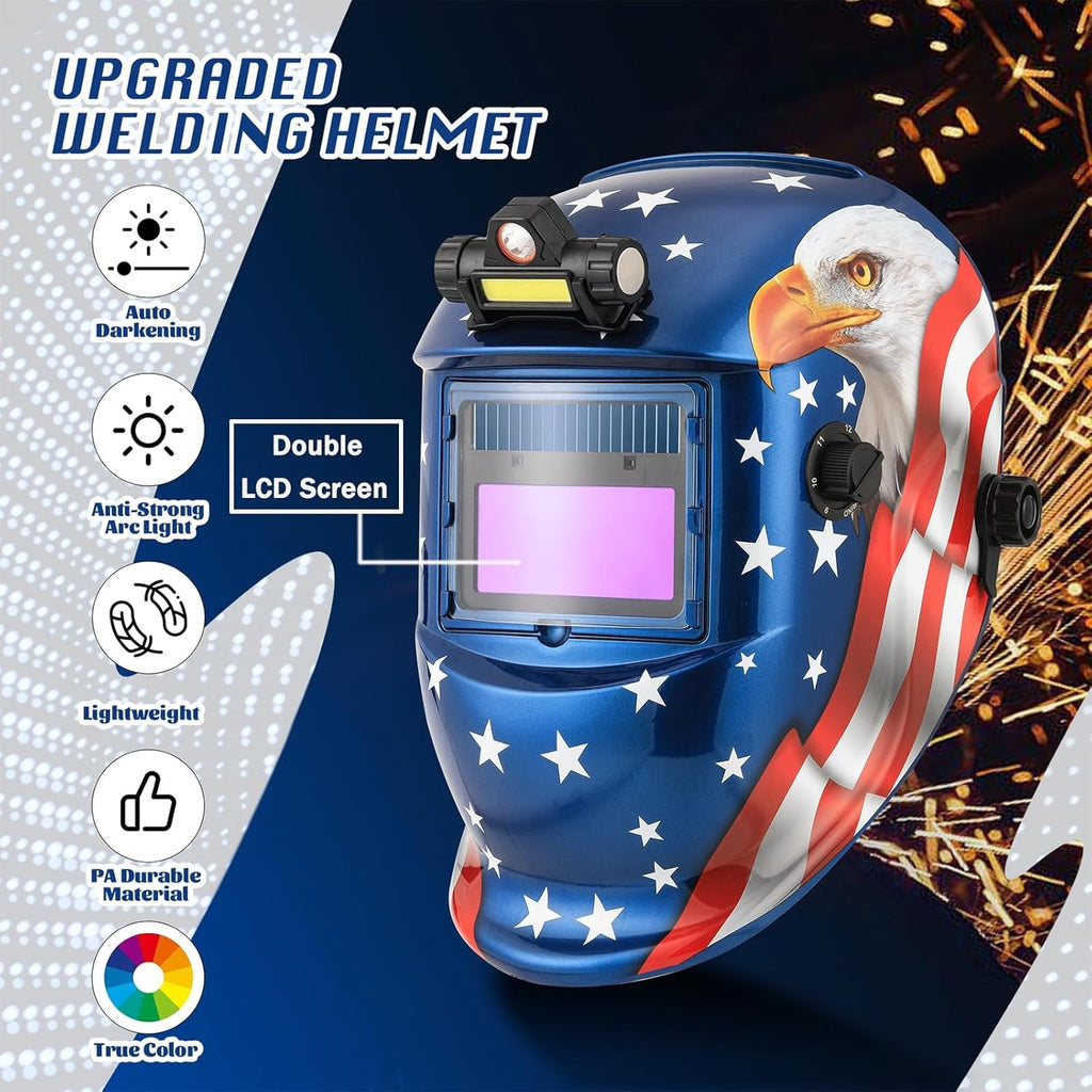 WR01B Welding Helmet Auto Darkening with LED Light Solar Powered Welder Hood with Adjustable Shade Range 4/9 - 13 for Mig Tig Arc Welding Mask (Blue Eagle II) - Revved Up Auto
