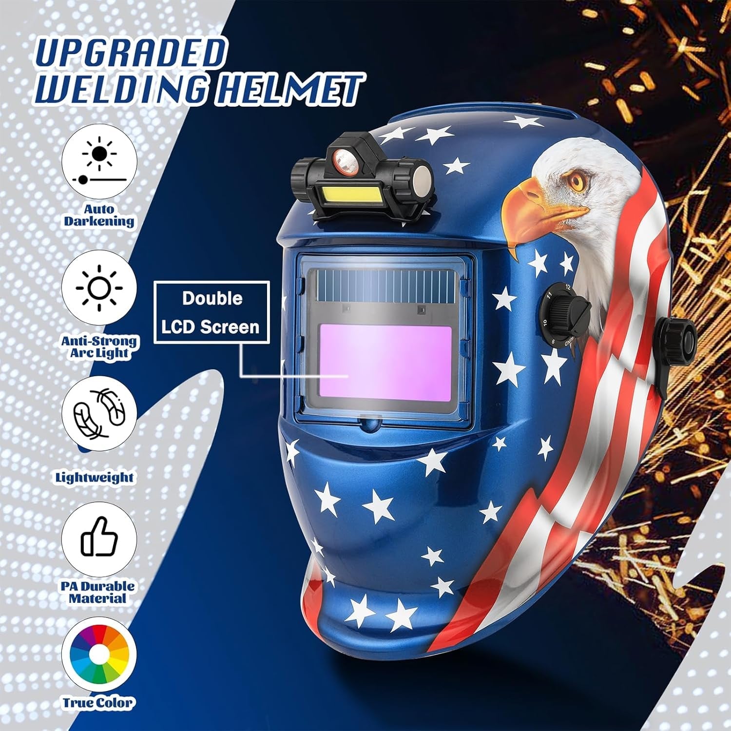 WR01B Welding Helmet Auto Darkening with LED Light Solar Powered Welder Hood with Adjustable Shade Range 4/9 - 13 for Mig Tig Arc Welding Mask (Blue Eagle II) - Revved Up Auto