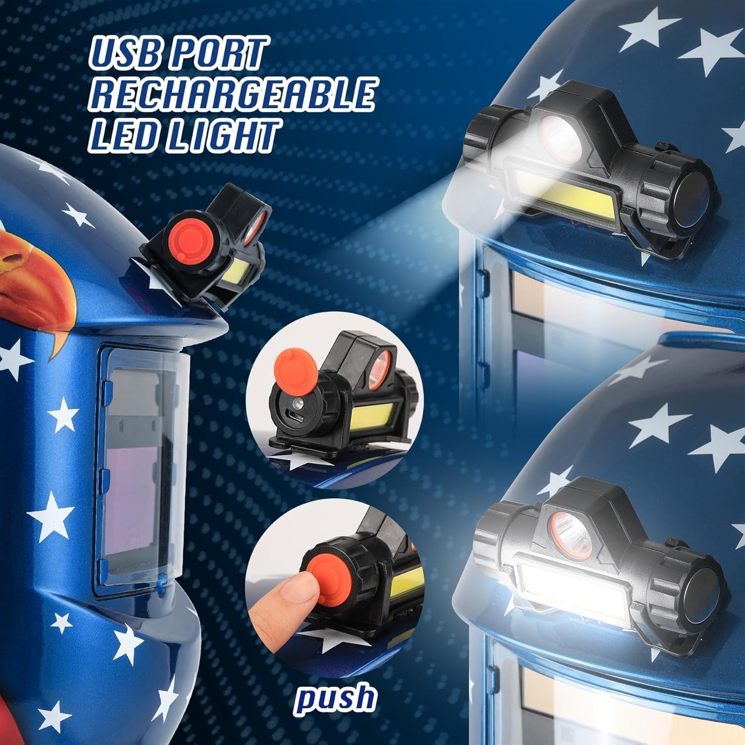 WR01B Welding Helmet Auto Darkening with LED Light Solar Powered Welder Hood with Adjustable Shade Range 4/9 - 13 for Mig Tig Arc Welding Mask (Blue Eagle II) - Revved Up Auto